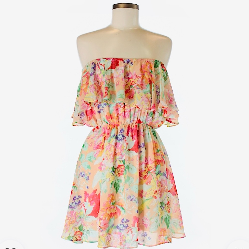 Forever 21 Bright & Colorful Floral Print Strapless Ruffle Top Dress